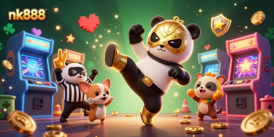 Experience the thrills of nk888 with a vibrant scene of a wrestler panda, referee, and cheering animals at a casino game.