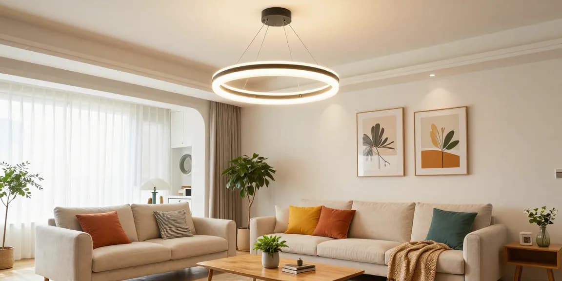 Lustra living modernă într-un decor confortabil și elegant, cu iluminare caldă și design contemporan.