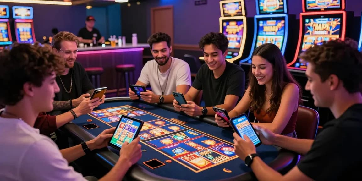 Friends enjoying vibrant slot mpo games in an exciting online casino atmosphere, showcasing engaging gameplay and lively interactions.