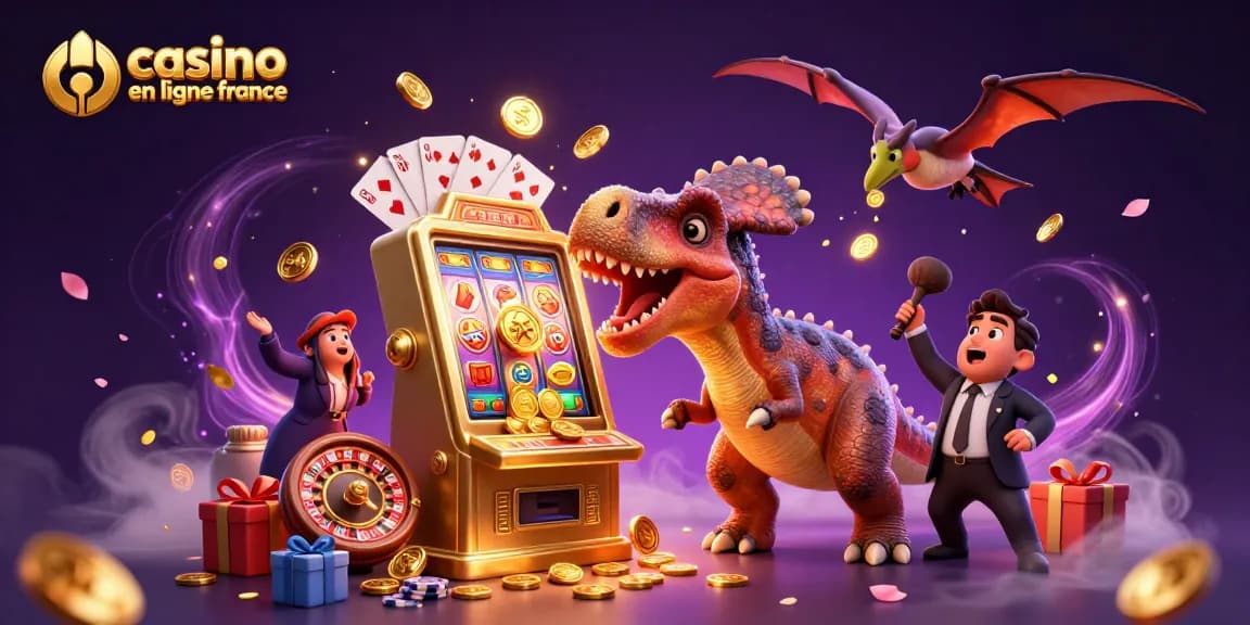 Jackpot au casino en ligne France avec un dinosaure jouant sur une machine à sous dorée.