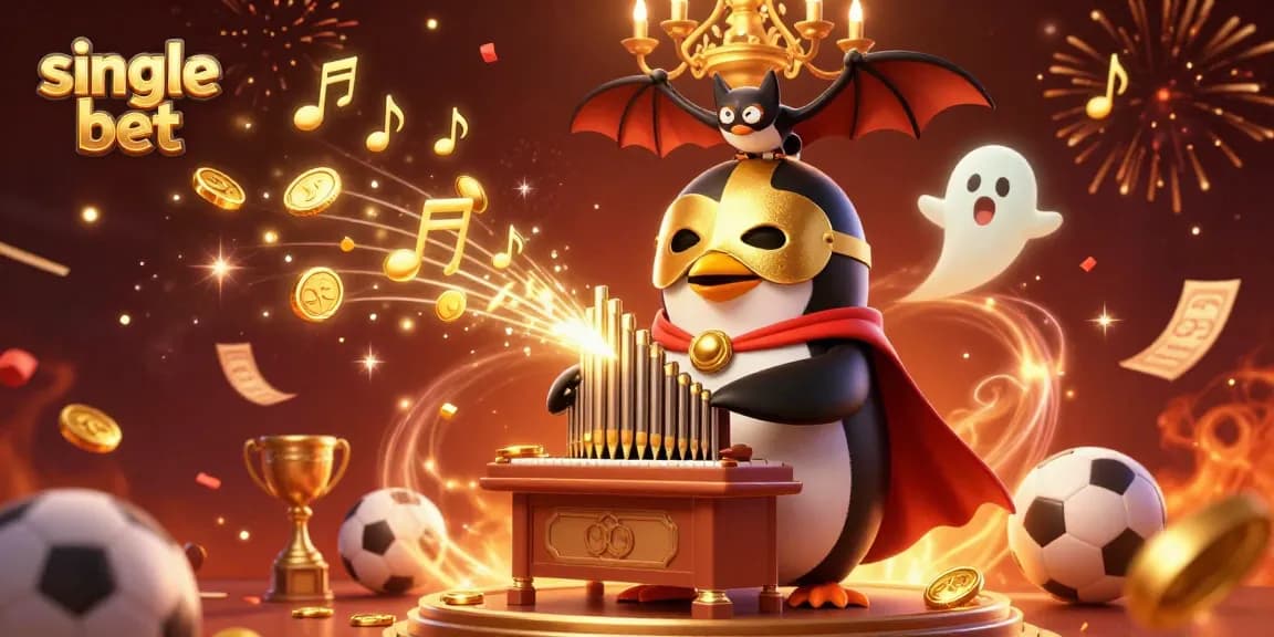 Engage in single bet action with a lively casino scene featuring a penguin and sports elements.