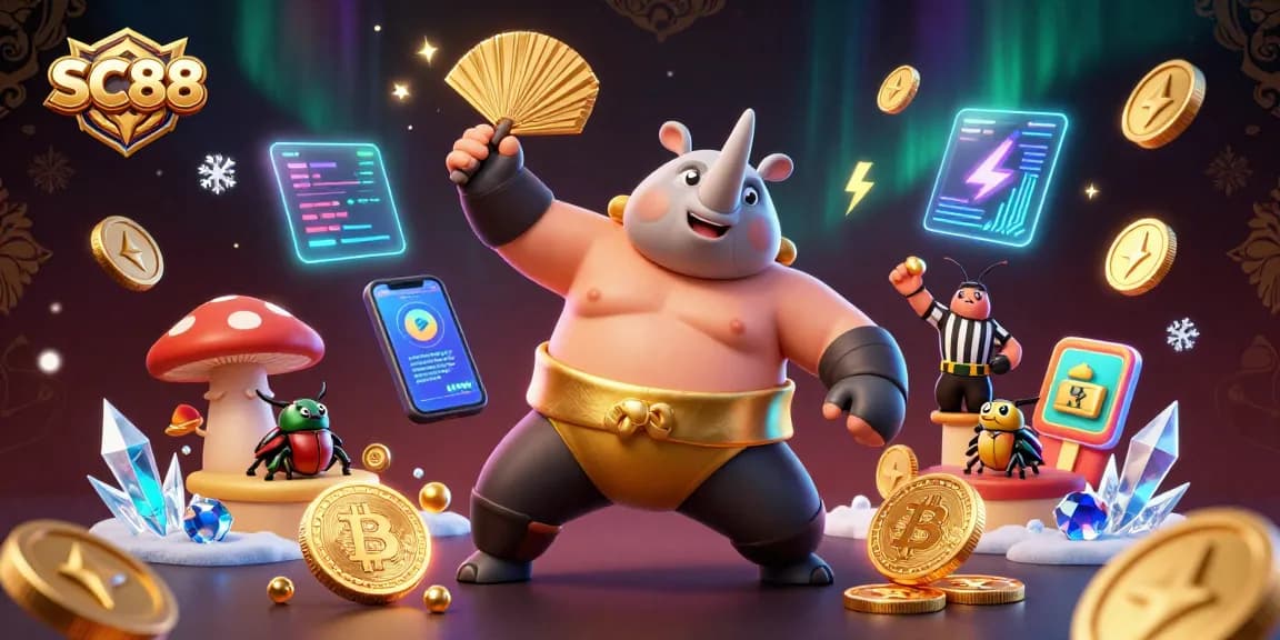 Experience the excitement of SC88's online gaming with a dynamic 3D scene featuring a sumo beetle champion and cryptocurrency elements.