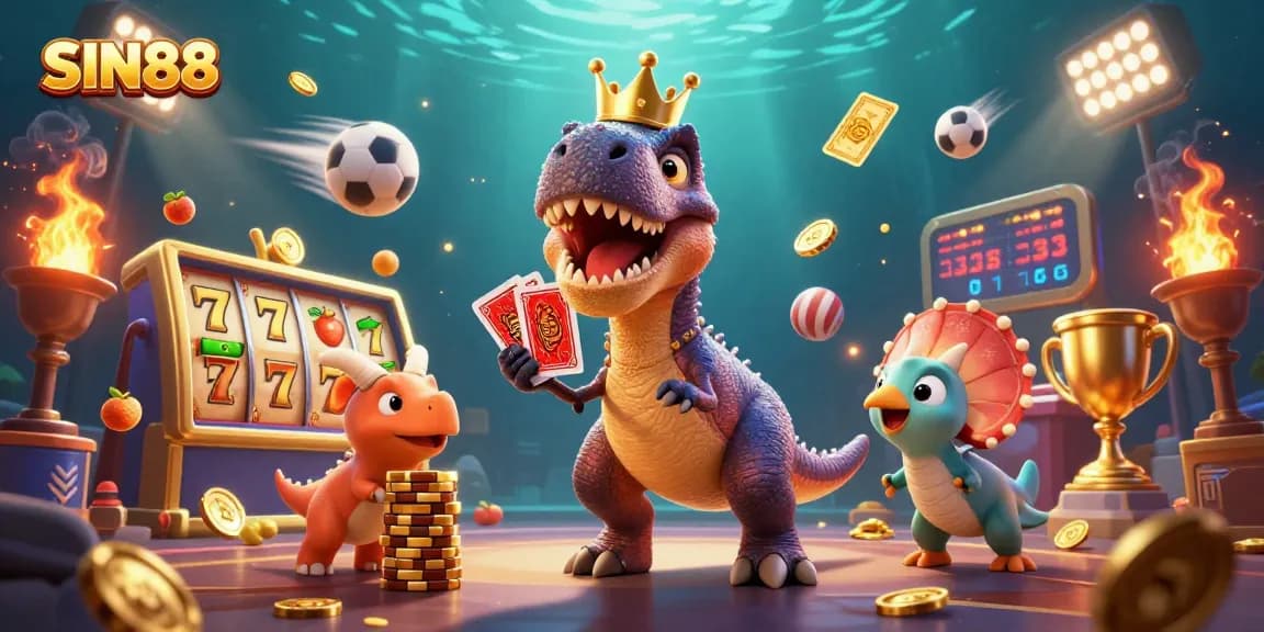 SIN88 showcases a T-Rex, pterodactyl, and triceratops amidst vibrant gambling icons and rich elements