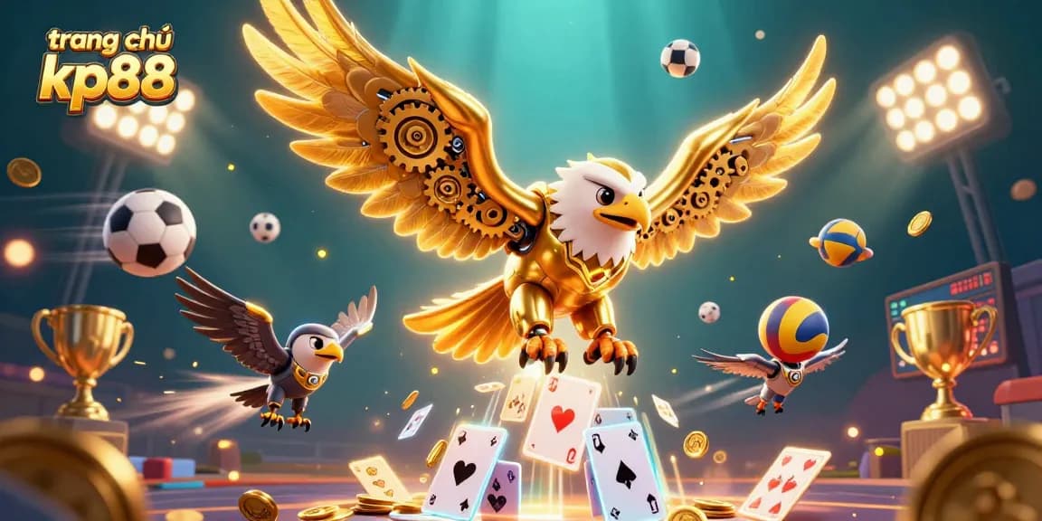 Betting on trang chủ kp88 with a 3D cartoon eagle diving through holographic cards and sports elements.