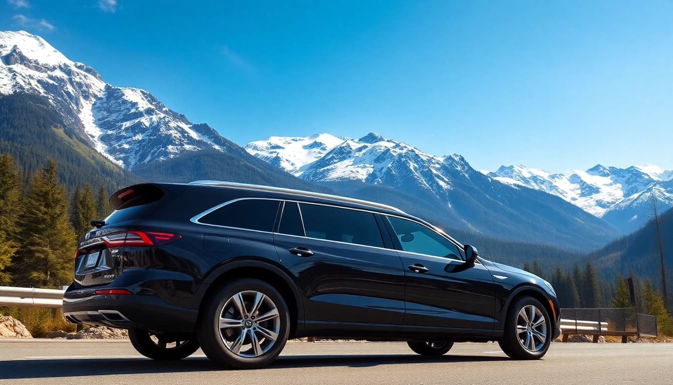 Experience the vancouver to whistler car service with luxury vehicle parked in a scenic mountain backdrop.