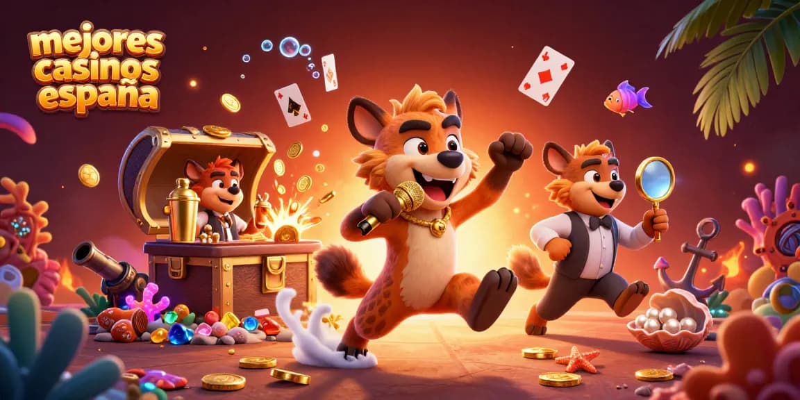 Ilustra los mejores casinos España con hiena en un club de comedia animado y vibrante.