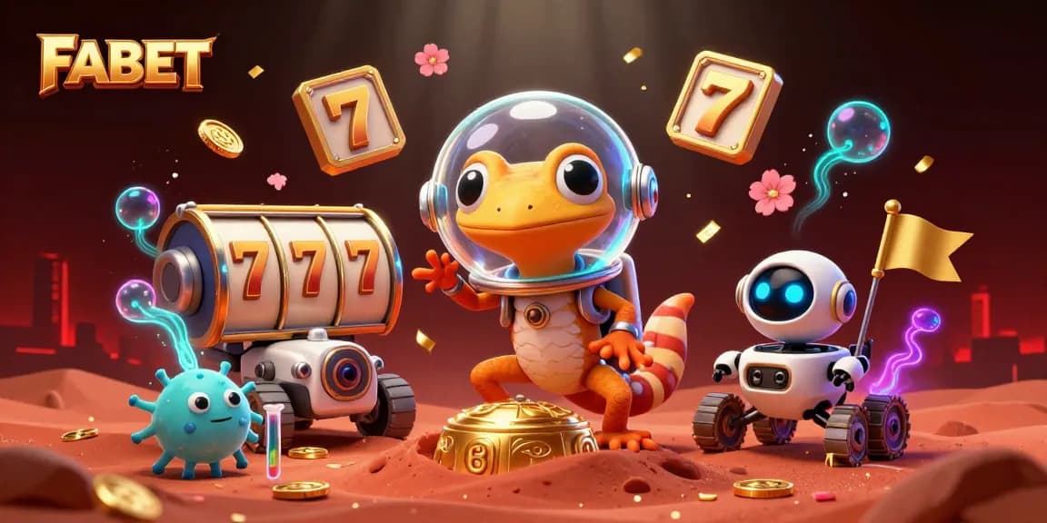 Experience the thrill of FABET with a Martian gecko and casino treasures in a vibrant, surreal illustration.