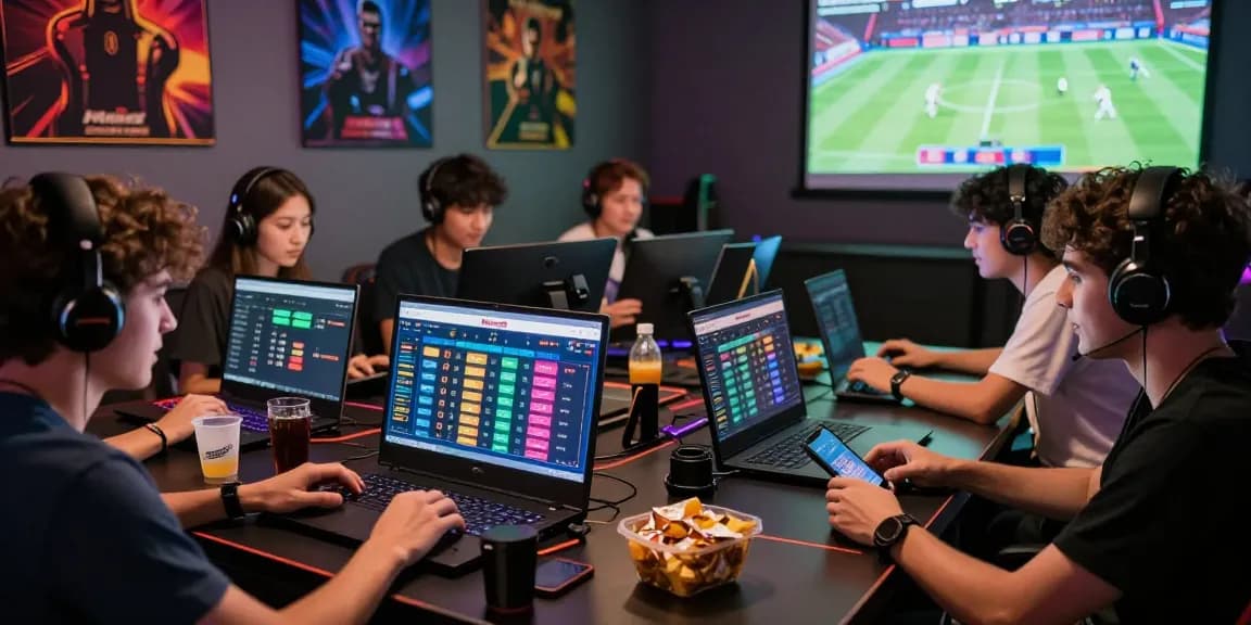 Friends engaging in online betting through mantra88 with laptops and snacks, vibrant atmosphere