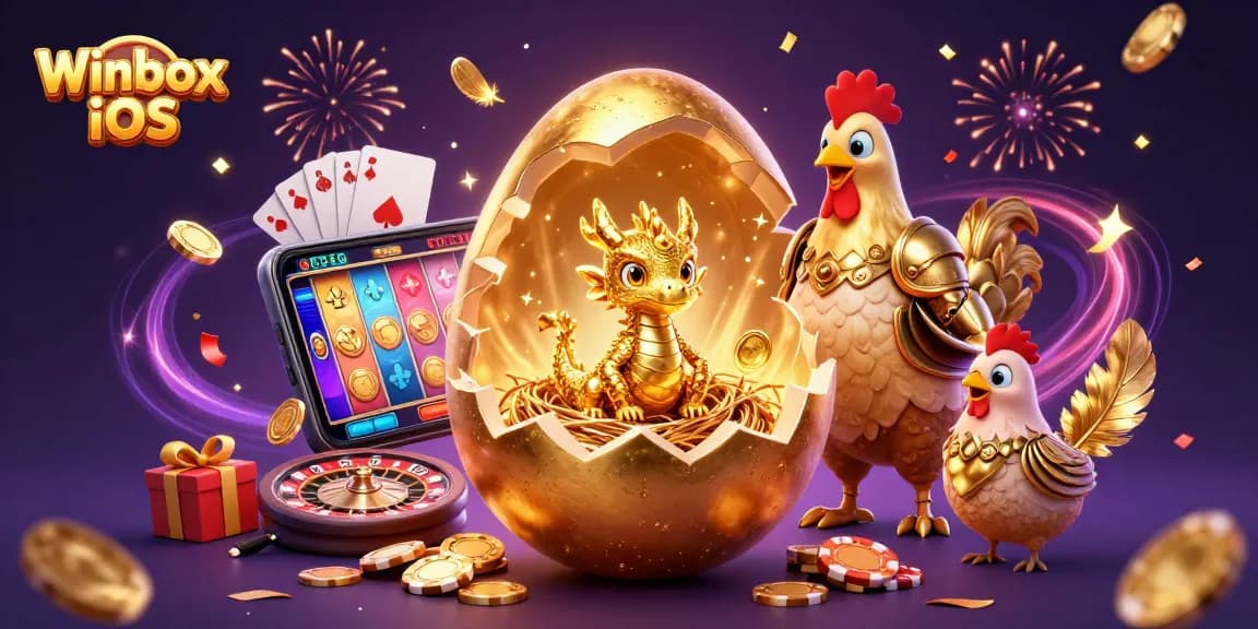 Winbox iOS app illustration featuring a dragon with poker chips, celebrating gaming action.
