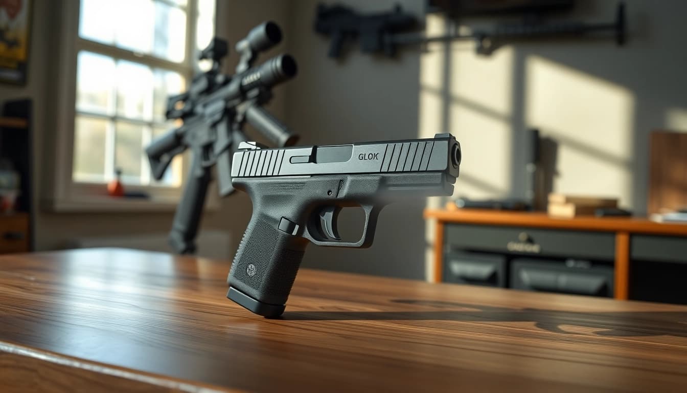 Capture the elegance of the glock 43x mos showcasing its sleek design and tactical features.