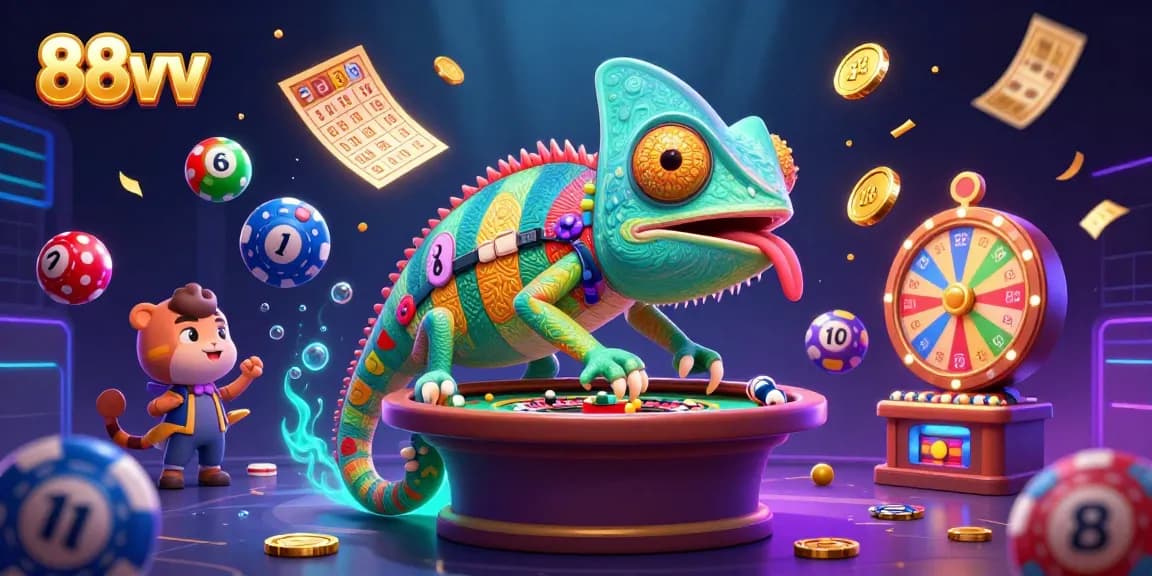 A vibrant 3D scene of the chameleon casino owner at 88vv, combining exciting lottery elements with a dynamic display.