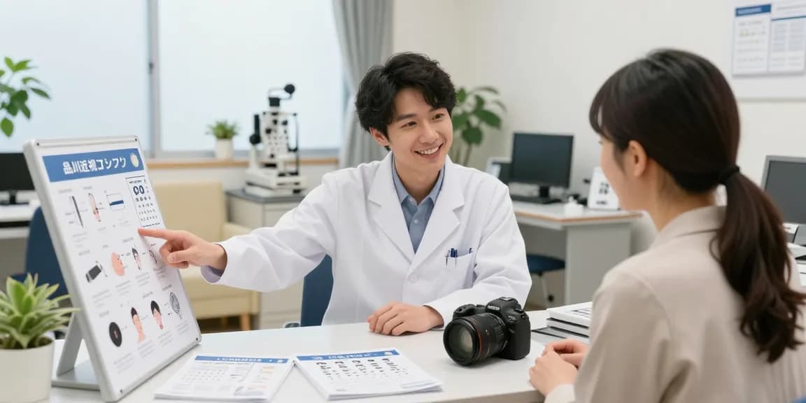 品川近視クリニックの口コミを紹介するクリニックシーンで、眼科医と患者が治療プランについて相談している様子