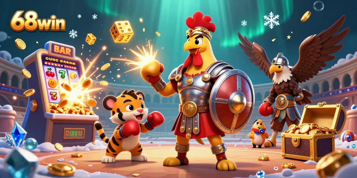 Experience thrilling gaming adventures with 68win, showcasing dynamic characters and vibrant casino elements.