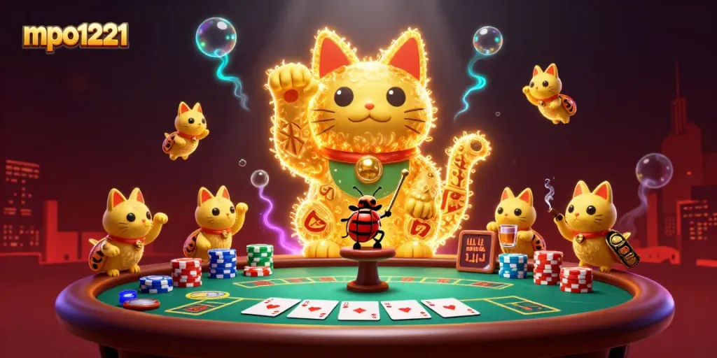 Experience mpo1221's vibrant online gaming atmosphere with dynamic casino symbols and immersive character designs.