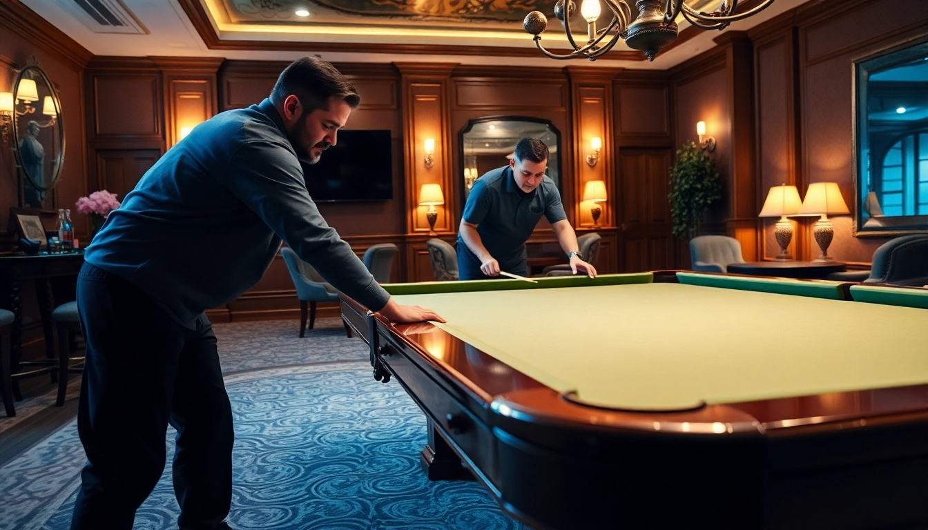 Expert game table movers services carefully assembling a billiard table in a charming game room.