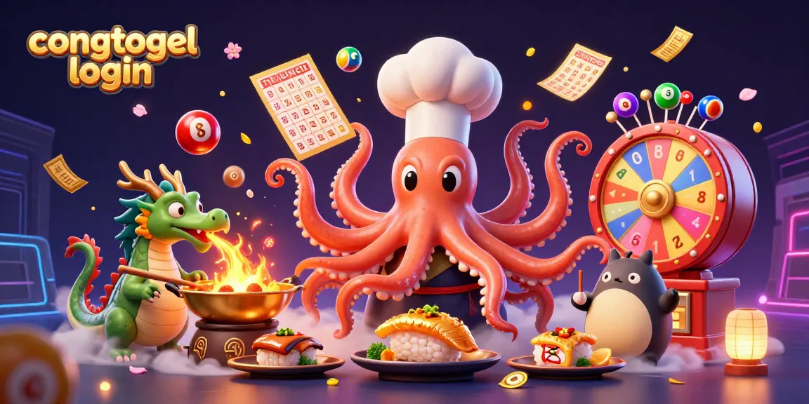 Engage with congtogel login through a lively illustration of an octopus sushi chef, dragon, and tanuki amid lottery elements.