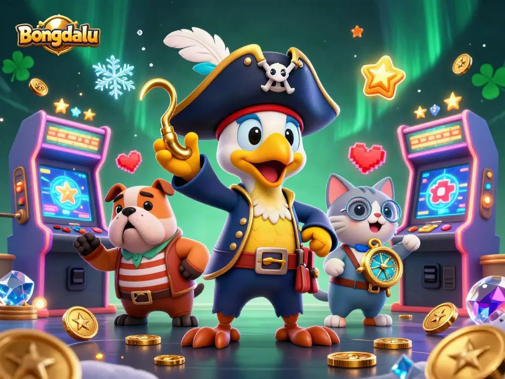 Bongdalu shows a vibrant scene with a pirate captain parrot, bulldog, and cat navigating through a thrilling arcade casino.