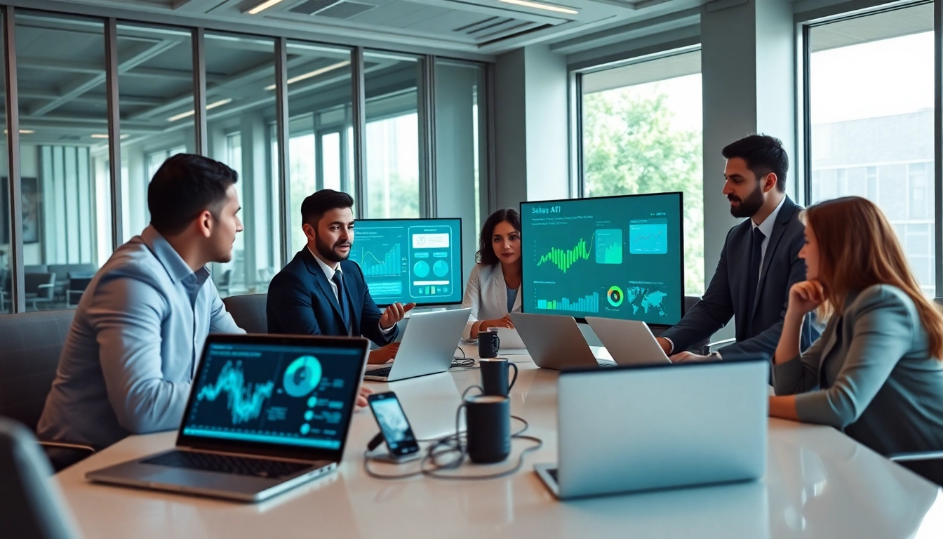 Engaged team discussing strategies while using sales AI software in a modern office environment.