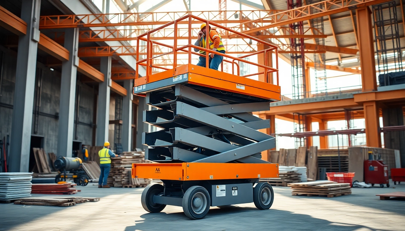 Scissor lift elevating workers safely at a construction site showcasing functionality and design.