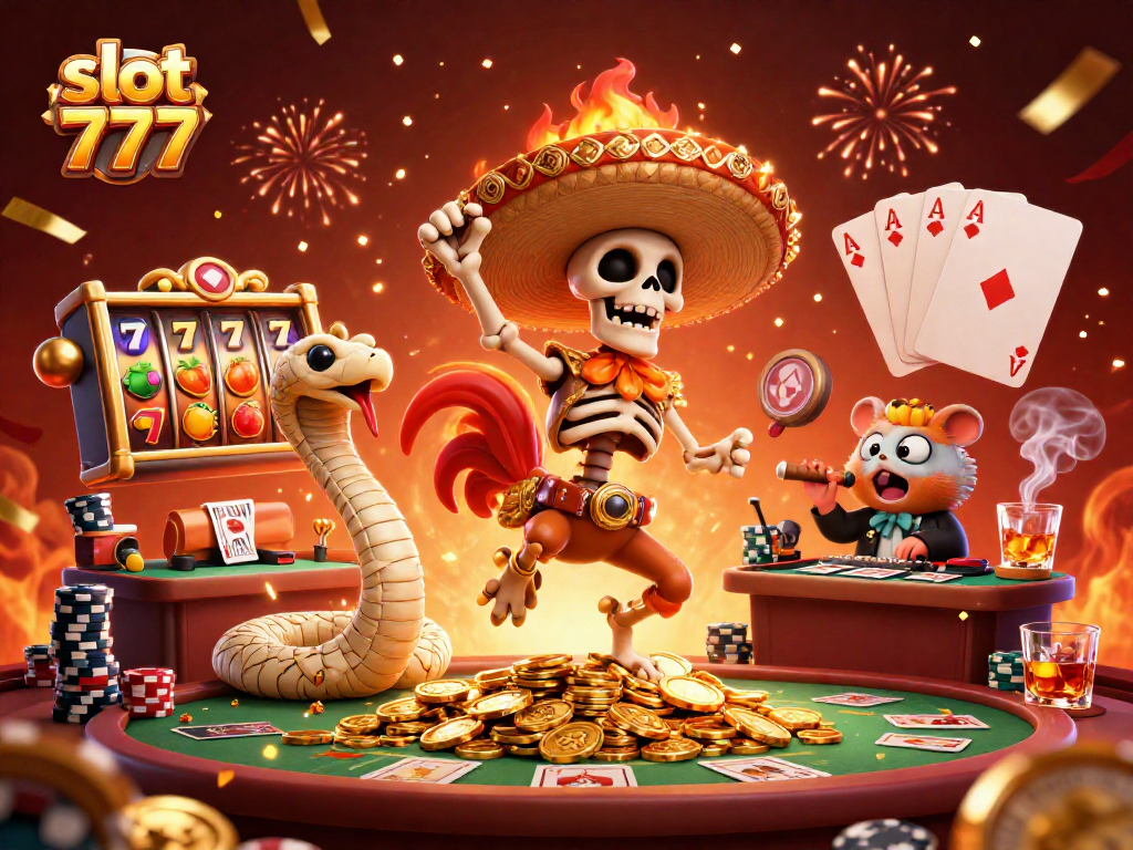 Win big with slot 777 in a festive scene featuring vibrant characters and casino elements.