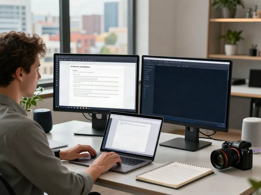 Generate SEO article summaries with AI in a modern content creation workspace with dual monitors and ambient lighting.