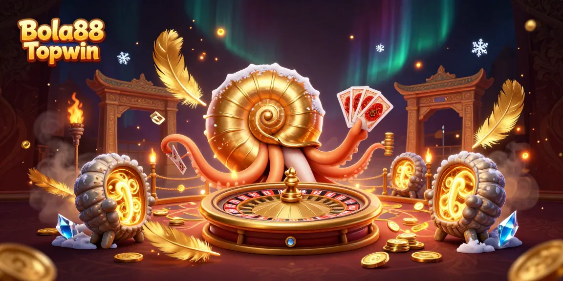 Bola88 Topwin showcases a vibrant casino scene featuring a giant nautilus roulette wheel and glowing ammonite companions.