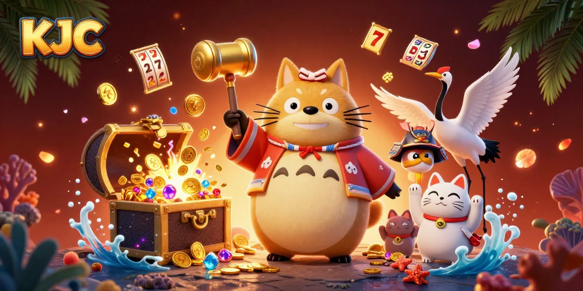 KJC showcases a vibrant gambling scene with cheerful characters, rich visuals, and dynamic slot games elements.