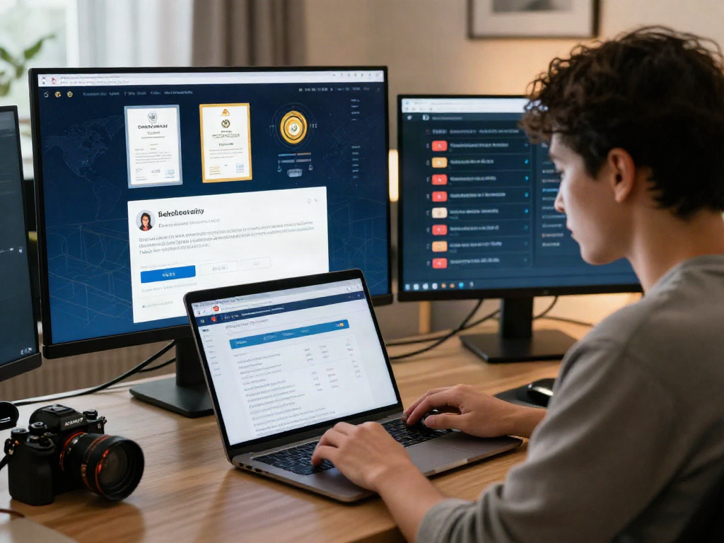 Focused user on a modern desktop verifying 먹튀스팟 검증사이트 with multiple screens showcasing safety ratings and reviews.