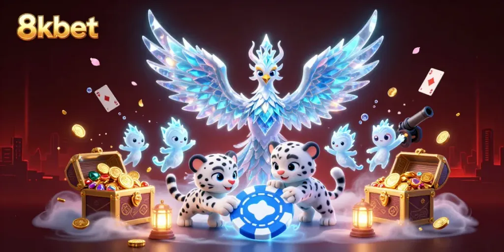 Experience thrilling gameplay at 8kbet with a lively scene featuring vibrant characters and casino elements.