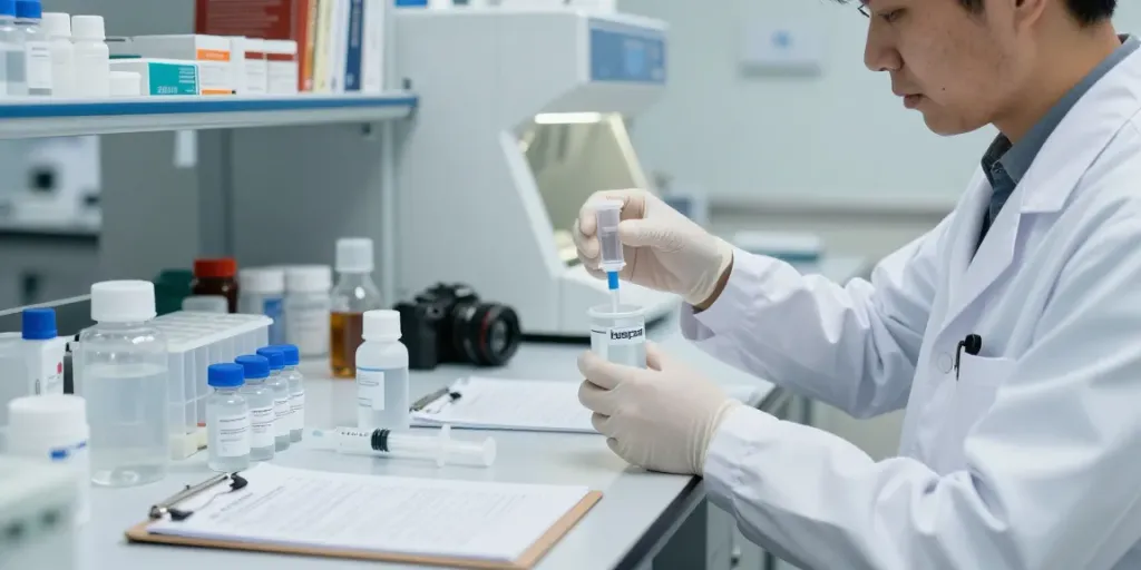Researcher preparing Hospira bac water in a sterile lab setting with vials and syringes.