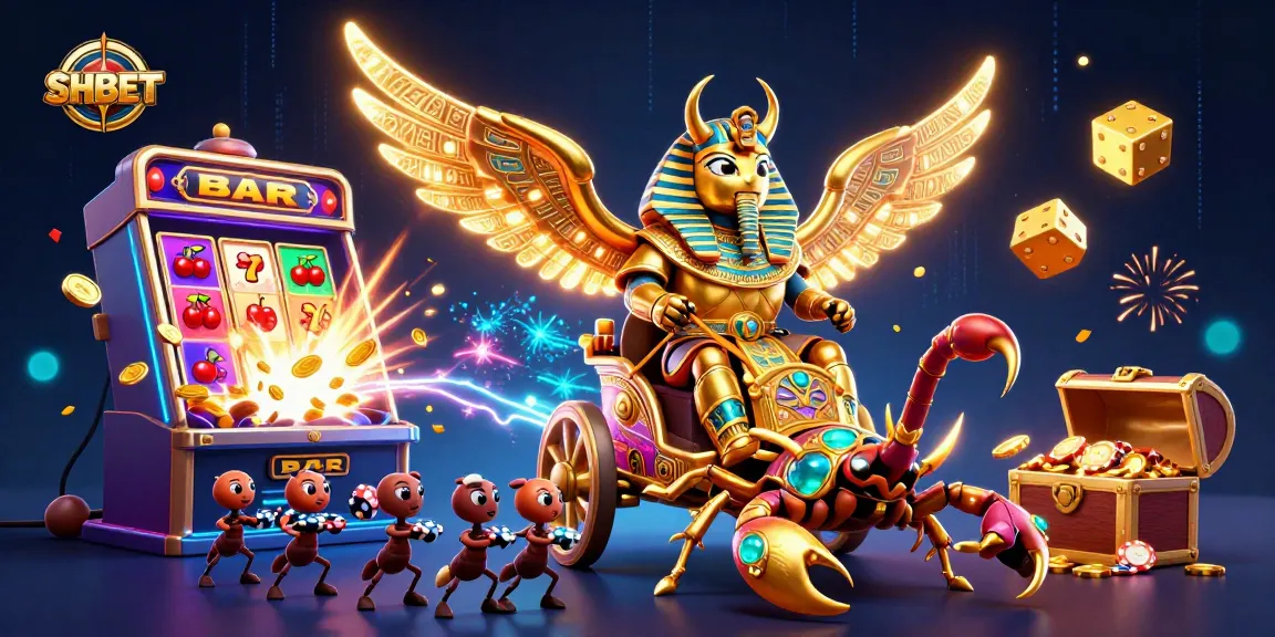 Win big with SH BET at a vibrant online casino featuring a golden scarab and slot machine.