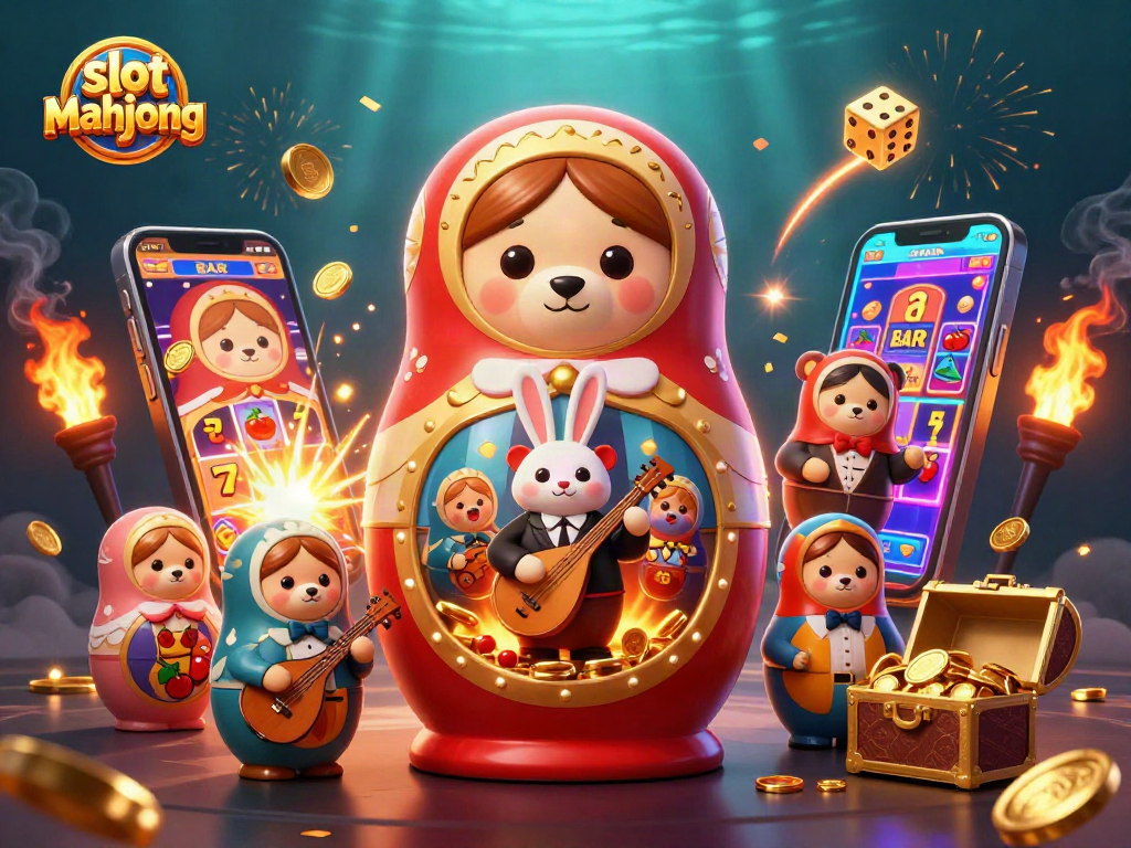 Experience thrilling slot mahjong gameplay with a vibrant 3D casino illustration bursting with excitement.