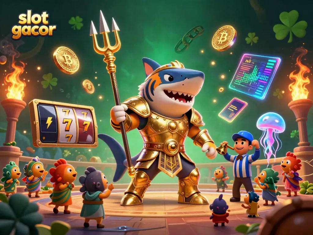 Experience the excitement of slot gacor with a fierce shark avatar amidst vibrant game elements.