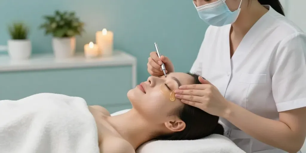Eyes rejuvenation session with CCeye® treatment for Augenringe entfernen in a tranquil spa setting.