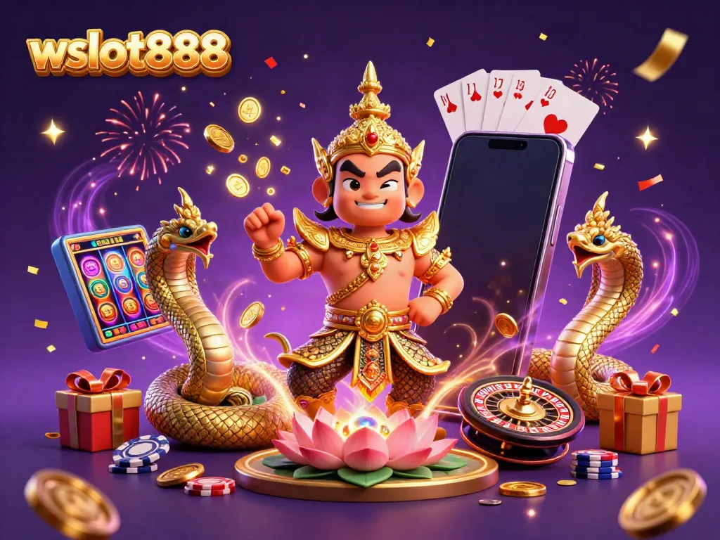 Menangkan jackpot luar biasa dengan wslot888, ilustrasi menggembirakan dari penjaga kuil Thailand dan elemen kasino yang menyenangkan.