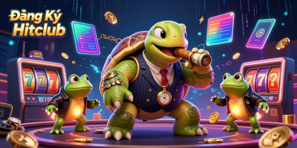 Experience the thrill of Đăng Ký Hitclub with a lively 3D casino scene featuring a snapping turtle mobster and bullfrog enforcers.