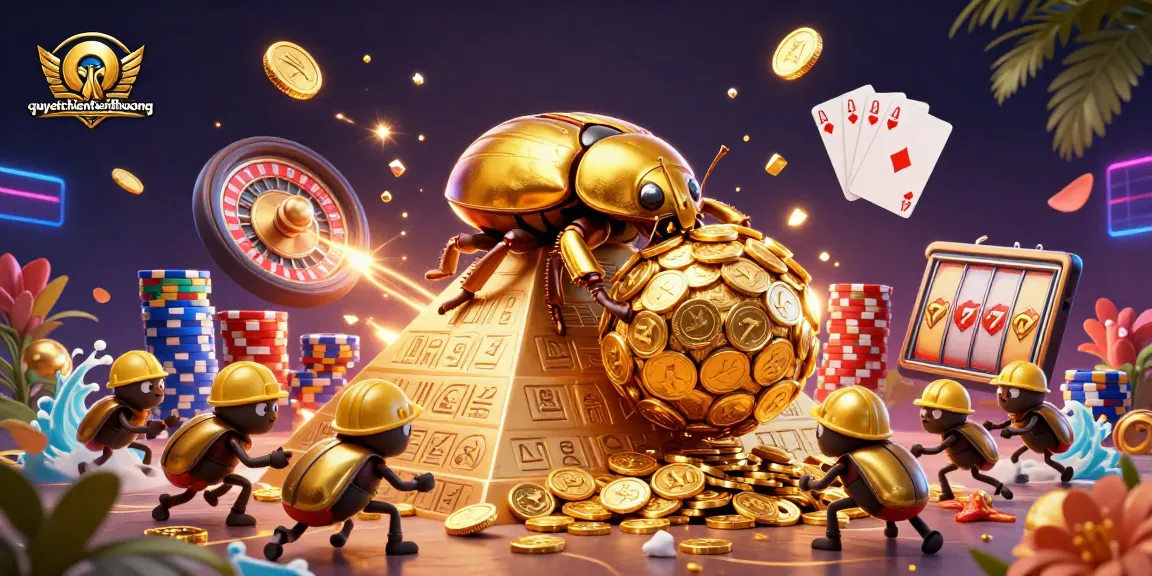 Experience the excitement with quyetchientienthuong as golden coins cascade around heroic cartoon beetles.