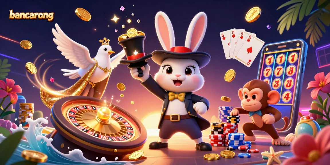Bancarong's magical casino experience with a rabbit, dove, and monkey in a vibrant 3D illustration