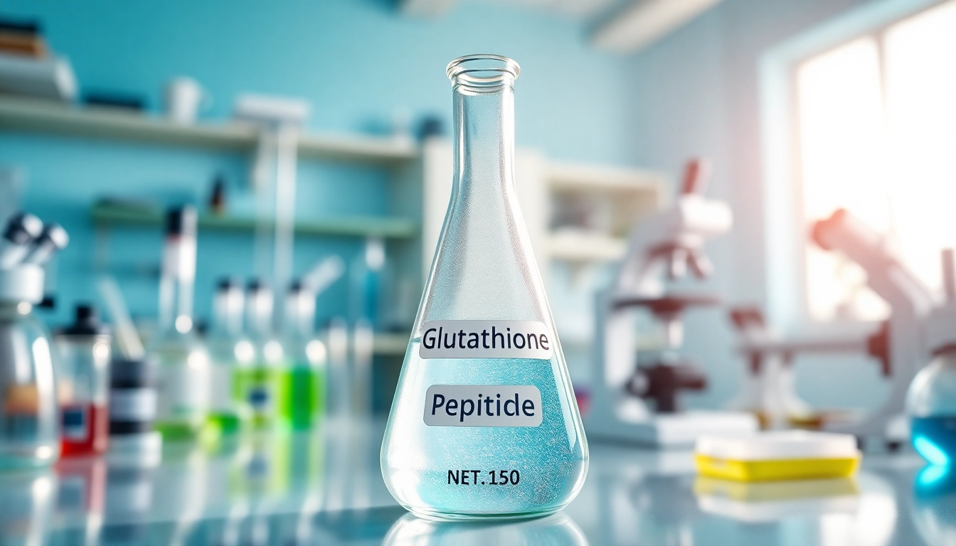 Research scene featuring a glowing flask of glutathione peptide amidst lab equipment.