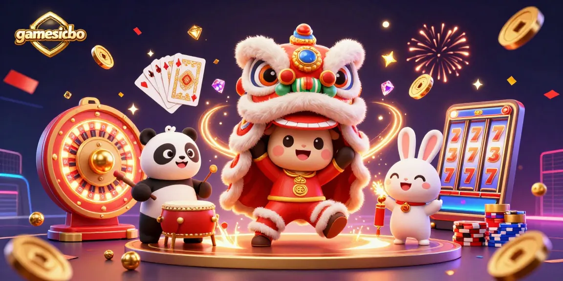 Experience excitement with gamesicbo: dynamic lion dance and casino elements in vibrant 3D illustration.
