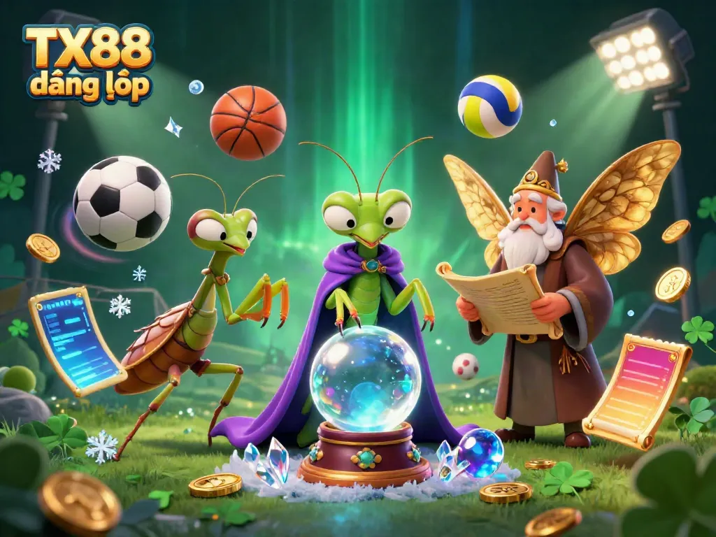 Engage in thrilling gambling experiences with TX88 đăng nhập, featuring animated fortune tellers, floating oracles, sports elements, and a mystical background.