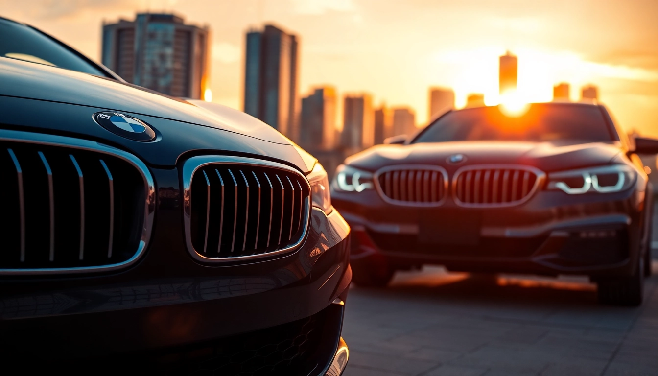 Luxury BMW car showcasing sophistication and sleek design against a city skyline.
