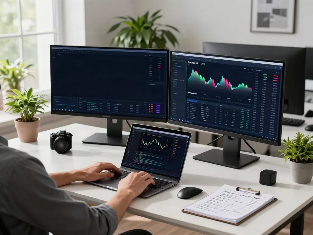 Advanced trading workspace illustrating a Polygon.io alternative with real-time crypto data dashboards, technical analysis tools, and coding for DeFi platforms.