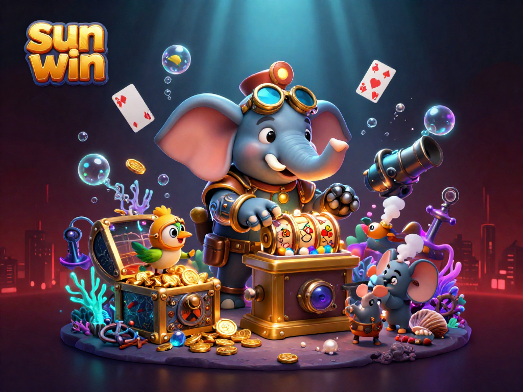 Spin to win at Sun Win with a steampunk elephant operating a golden slot machine amid treasures and vibrant elements.