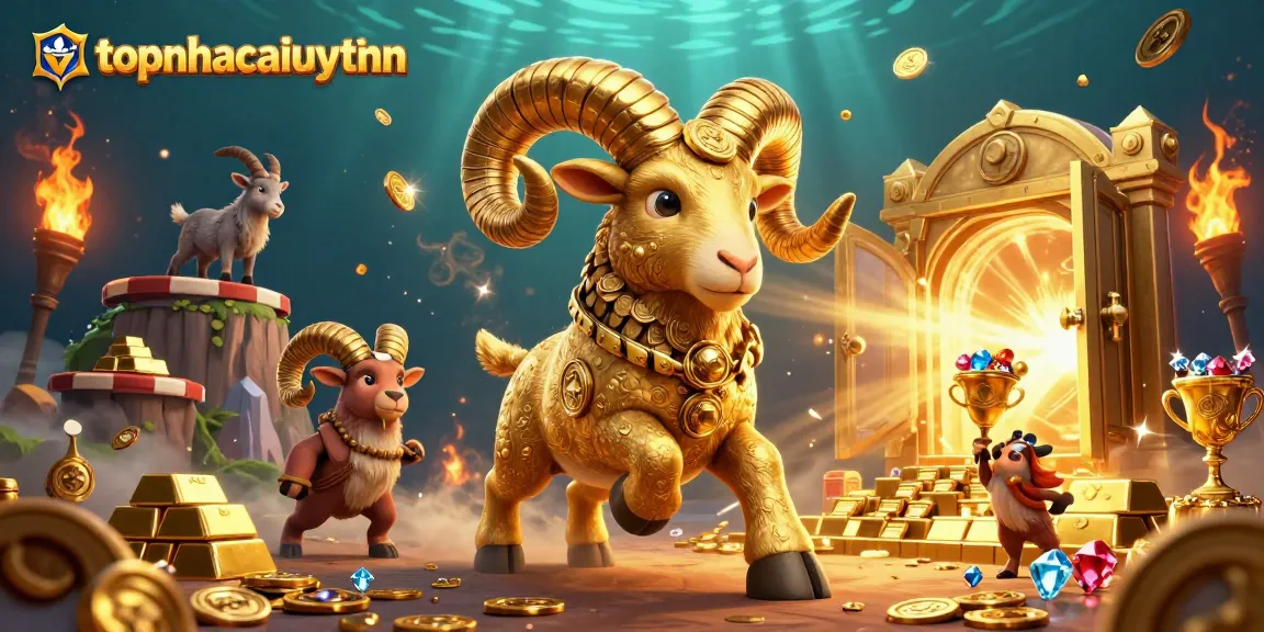 Experience thrilling luck with topnhacaiuytinn's dynamic golden ram amidst treasure and casino elements.