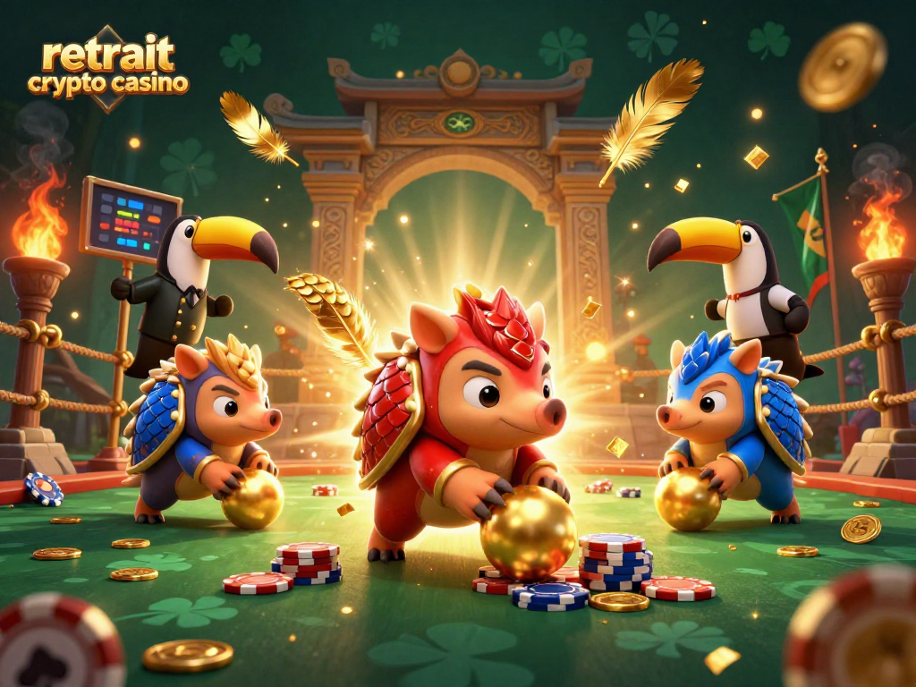 Retrait crypto casino : deux pangolins en armure lancent des boules dorées à travers des jetons de poker.