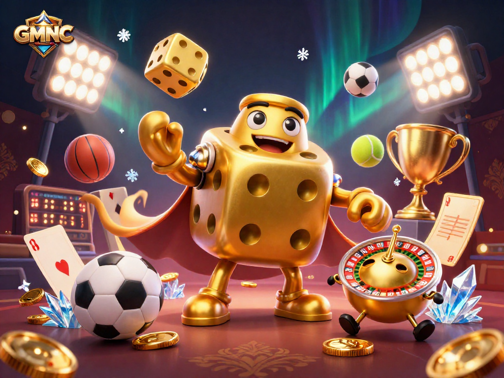 GMNC's dynamic casino world with golden dice golems, sports elements, and vibrant visual details.