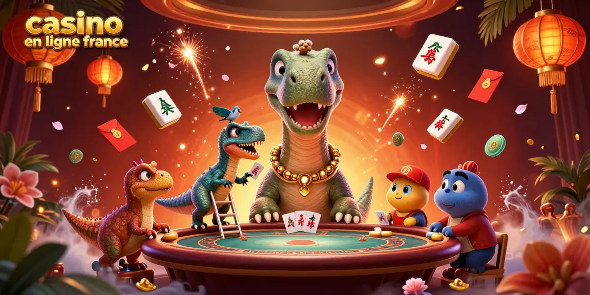 Dans ce casino en ligne France, un brontosaure dialogue avec un rapace tout en jouant aux cartes.