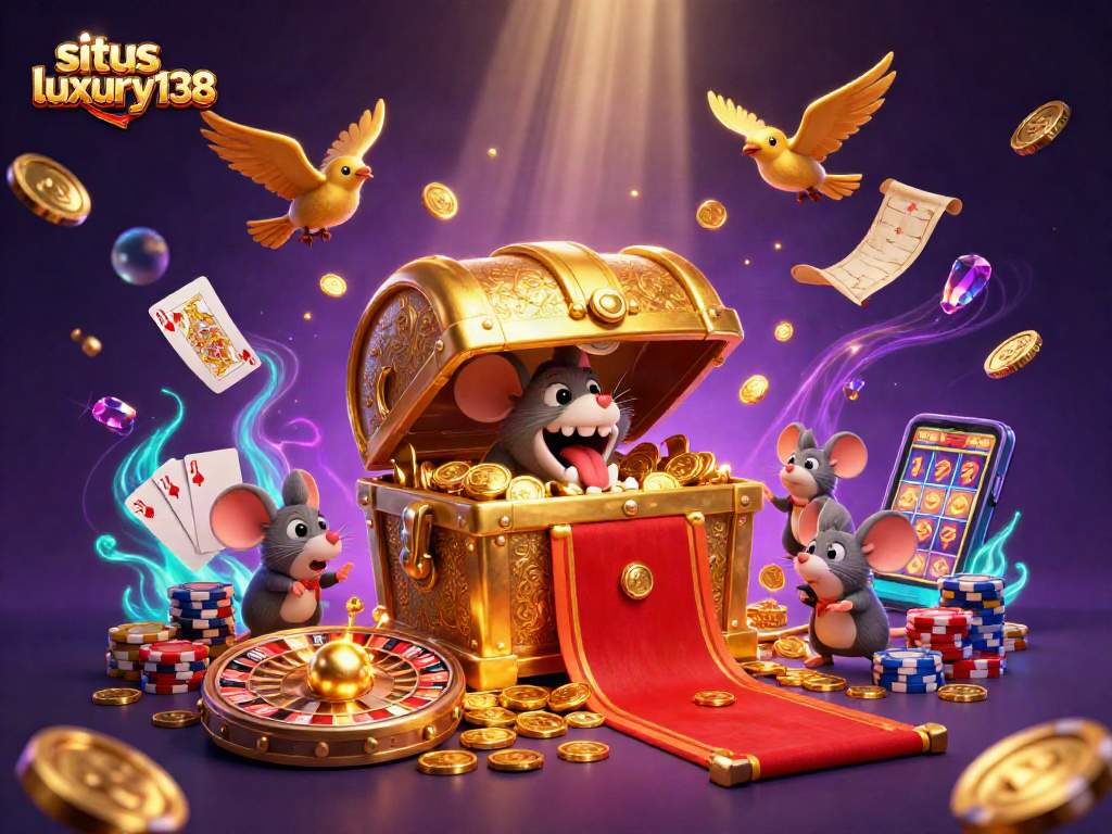 Situs luxury138 menampilkan ilustrasi kasino 3D dengan harta karun dan koin emas melimpah