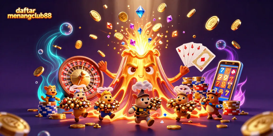 Win big at daftar menangclub88 with a vibrant 3D illustration of treasures pouring from a golden volcano.